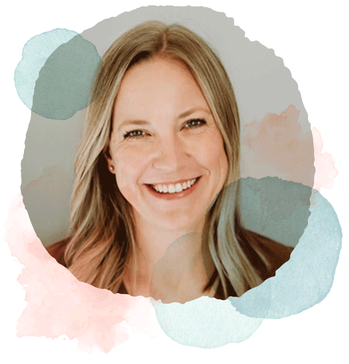 An image of Sara smiling surrounded by watercolour shapes. Premarital counselling in vancouver bc